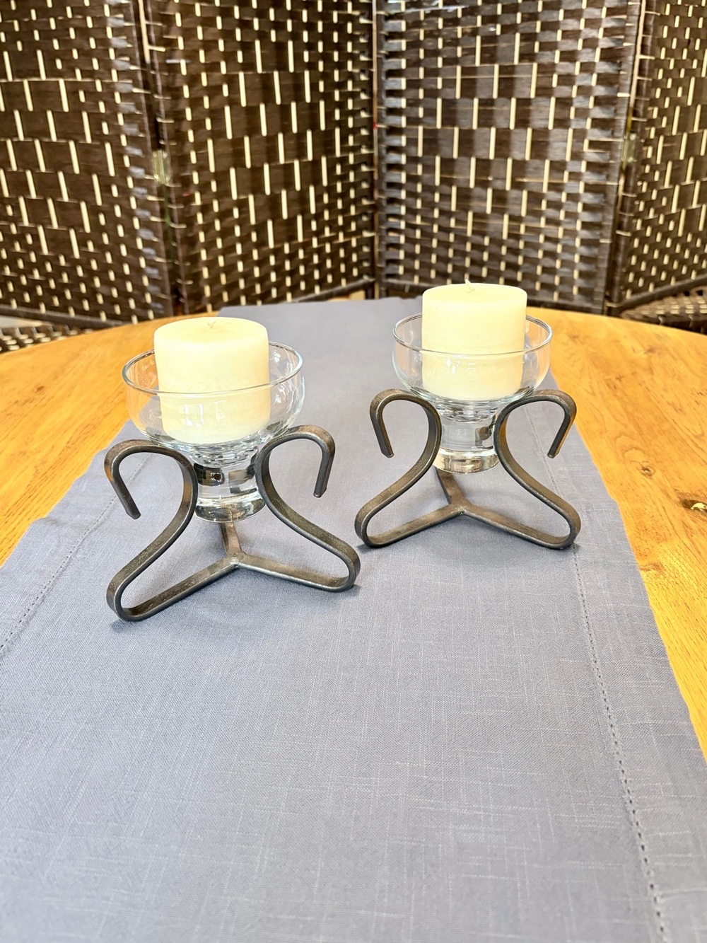 Mid Century Style Wrought Iron Candle Holders with Glass Votives - Set of 2